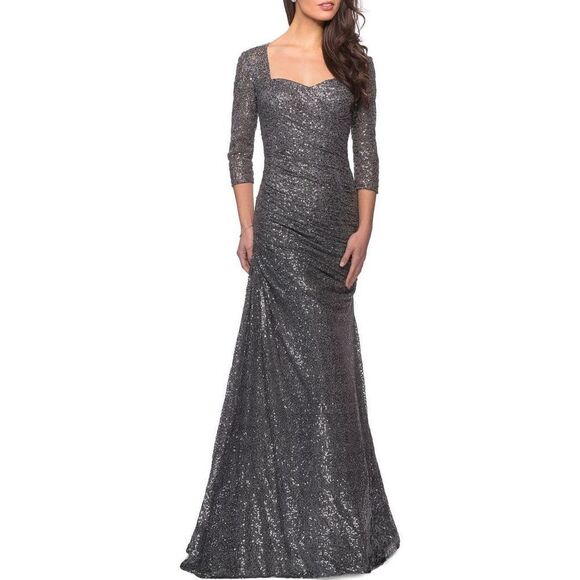 LA FEMME Ruched Sequin Trumpet Gown In Gunmetal Size 8 $469 - Picture 10 of 10